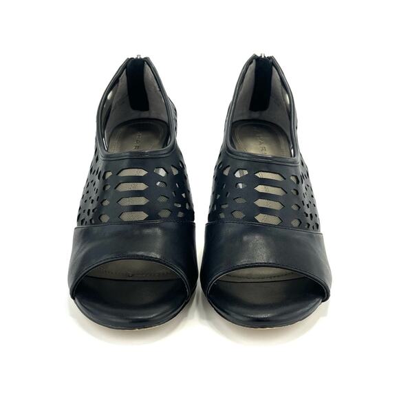 Tahari Lilith Black Stiletto Heels Sz 8.5 Open Toe Leather Laser Cut-Out Accent - Picture 13 of 15